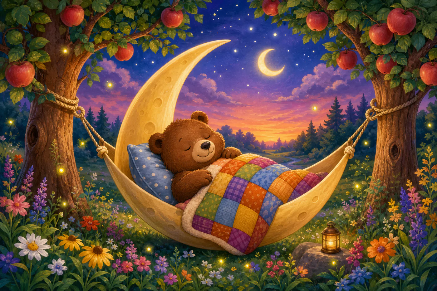Illustrated bear resting in a moon hammock